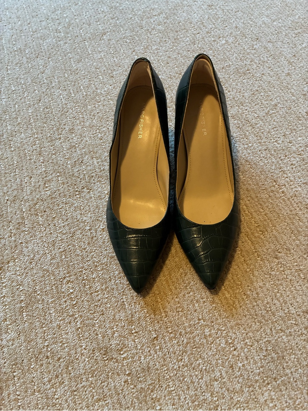 Marc Fisher Dark Green Croc-Embossed Pointed Toe Pumps